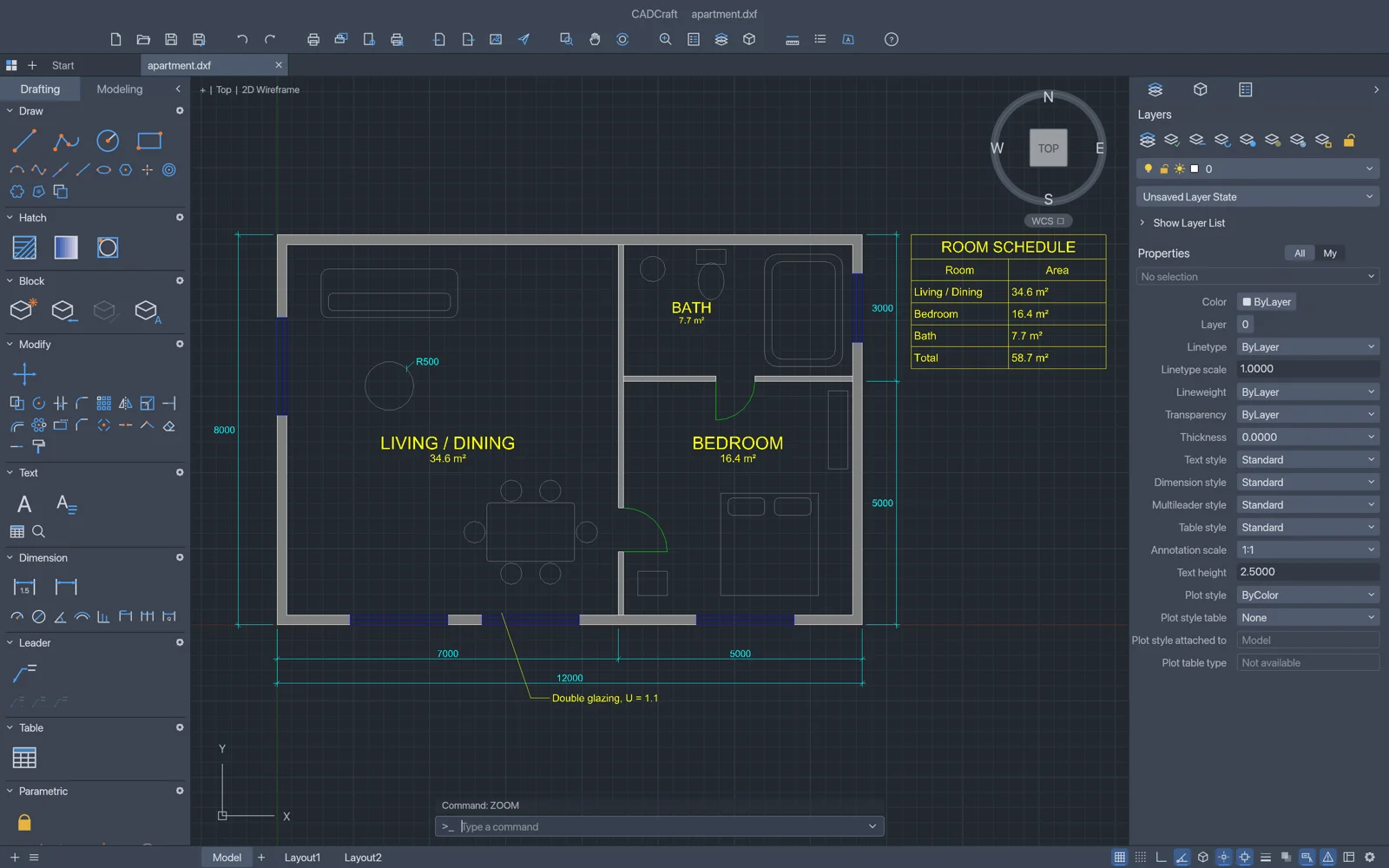 ArtCraft CADCraft floor plan with hatching, dimensions and command line
