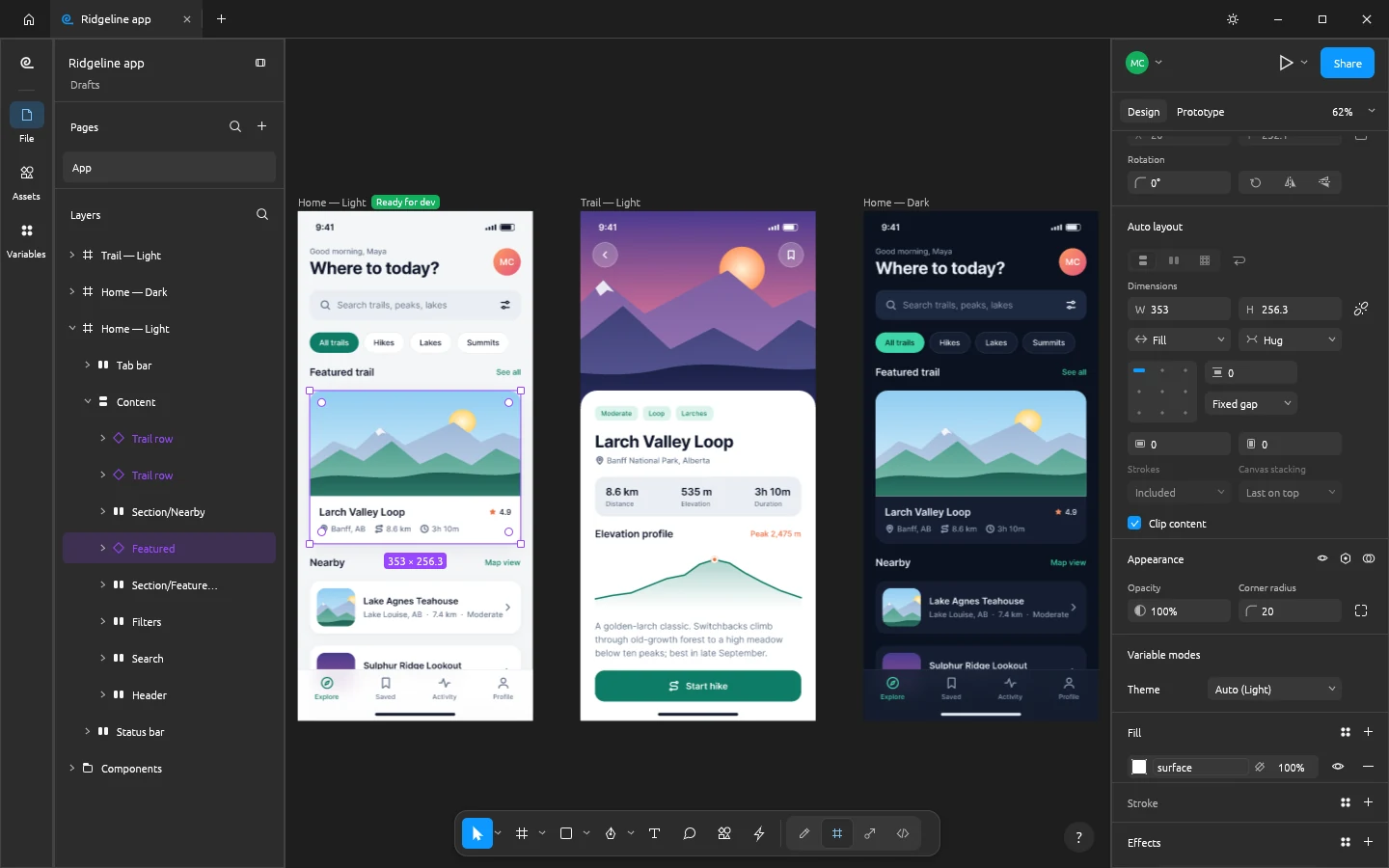 ArtCraft FigCraft Ridgeline hiking app screens with auto layout, a selected trail card and light and dark themes
