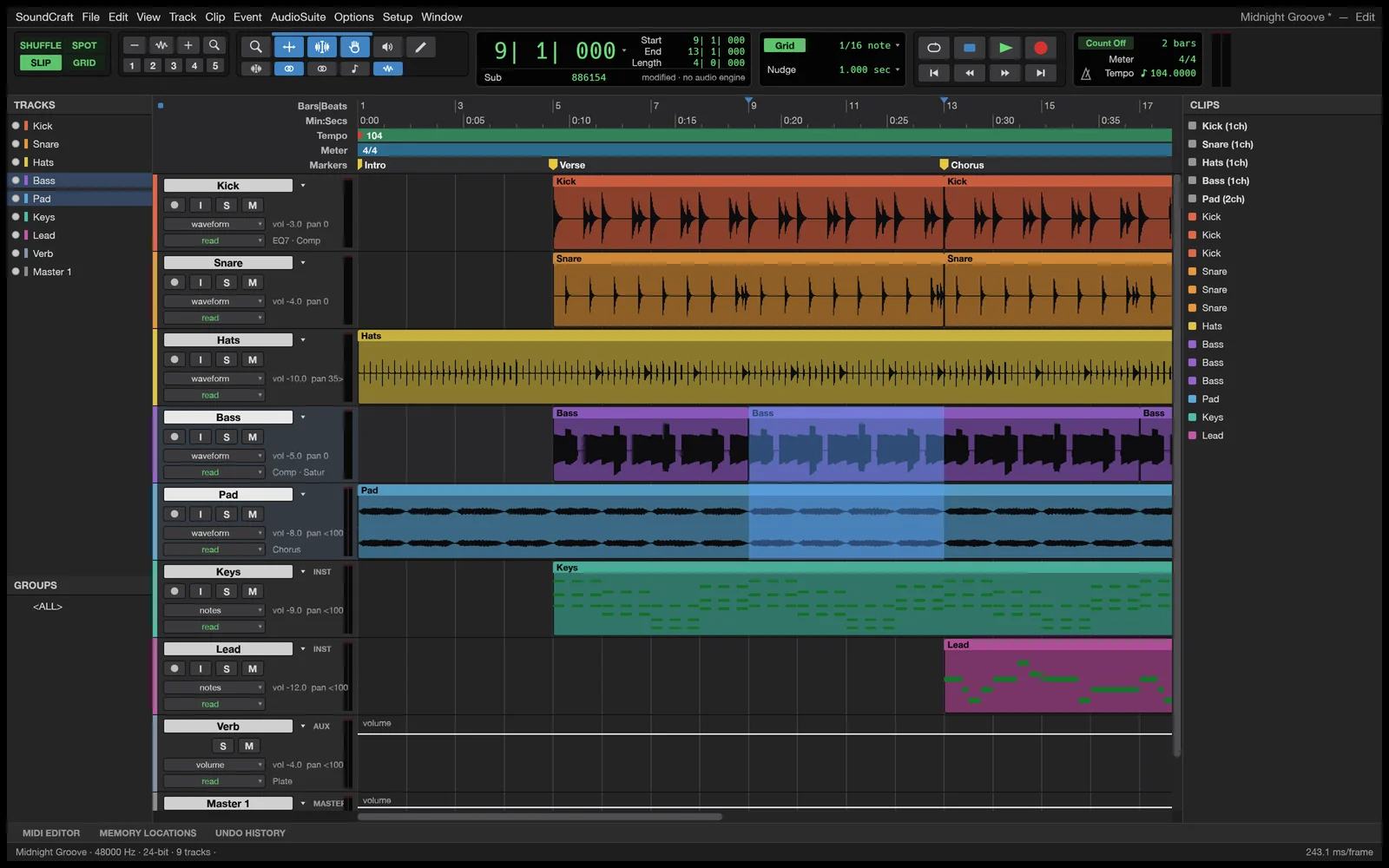 ArtCraft SoundCraft 的音频波形、MIDI 音轨和播放控制
